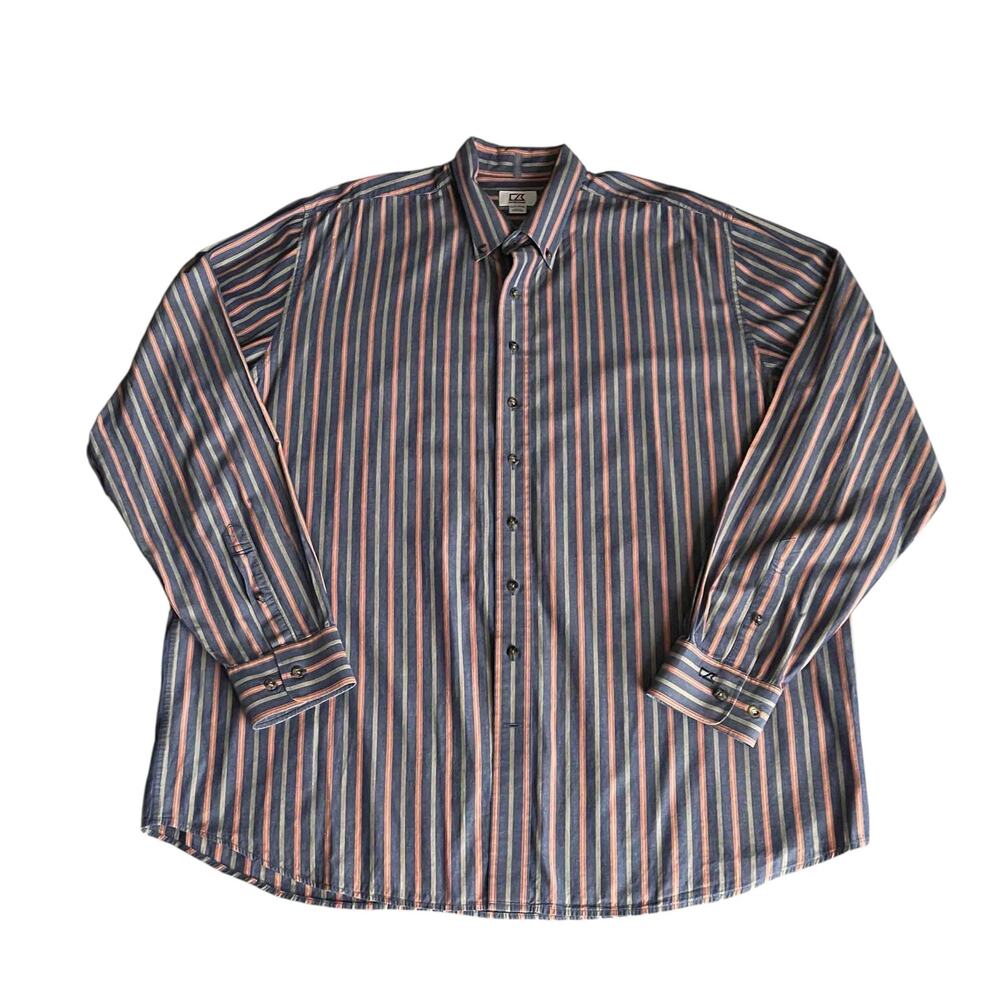 Cutter & Buck Striped Button Down Shirt Men’s 2XT Blue Pink Cotton Long Sleeve
